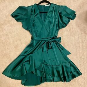 Green Ruffled Wrap Mini Dress with Flutter Sleeves